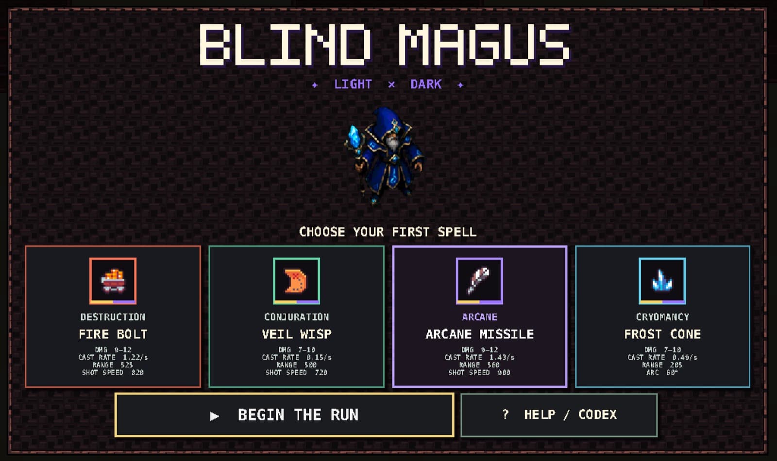 The Blind Magus spell-select screen