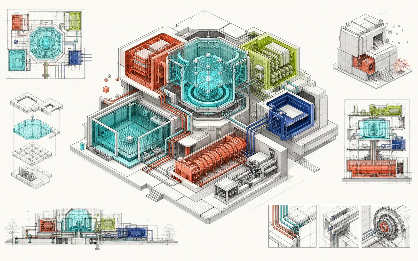 Exploded architectural cutaway of the Patchwork agent system, with cyan context and state chambers, coral action machinery, lime evidence stores, and ultramarine tool interfaces linked by visible conduits.