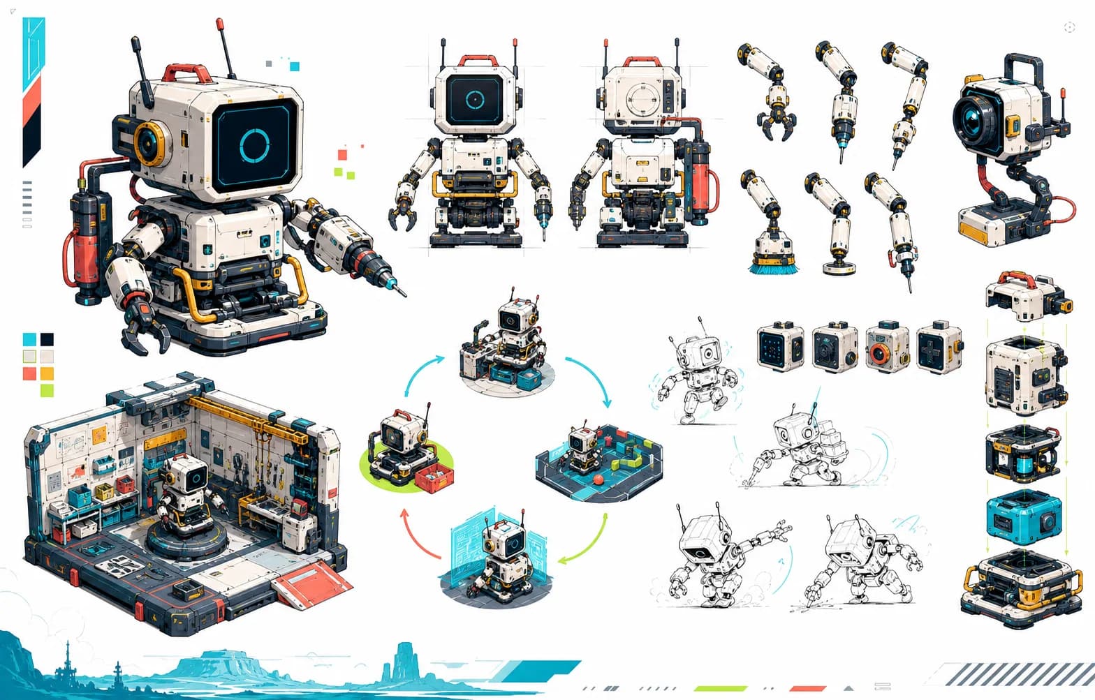 Signal Fire studio robot design sheet showing front and rear views, interchangeable tools, modular equipment, motion studies, a workshop bay, and the build-play-verify loop.