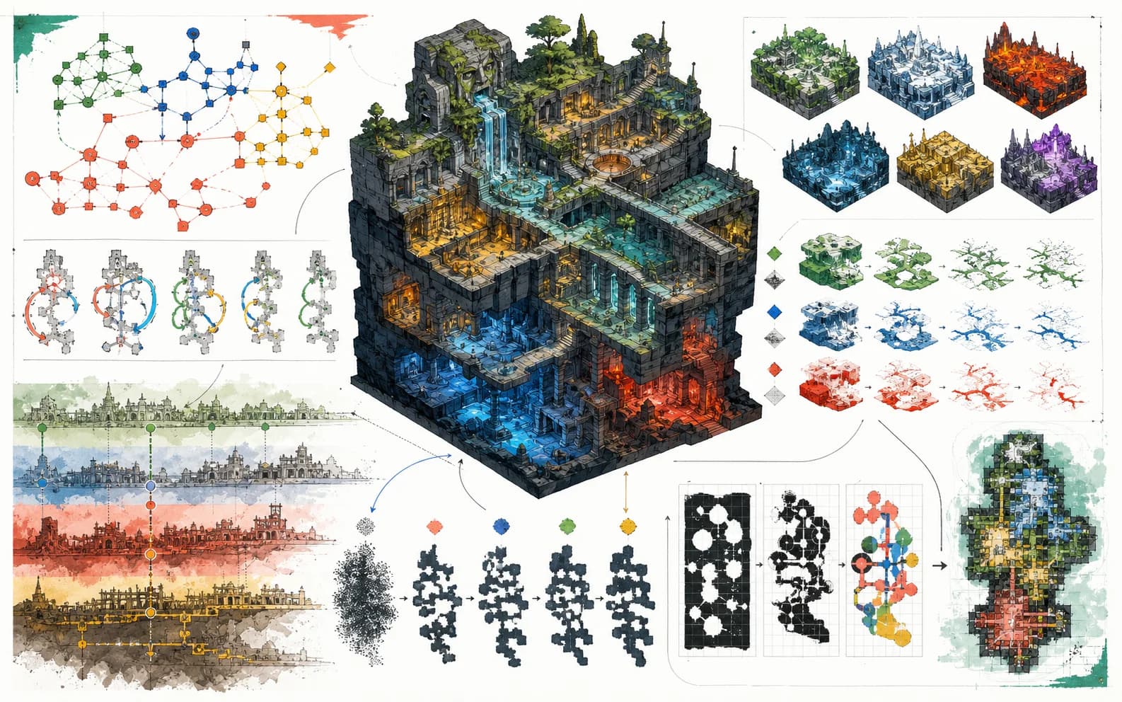 Atlas of The Archive Below showing a cutaway multilevel ruin, colored region topology, dungeon-cycle studies, biome variants, and a staged map-generation sequence.