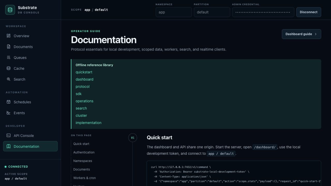 SubstrateDB local administration dashboard showing runtime navigation and scope statistics