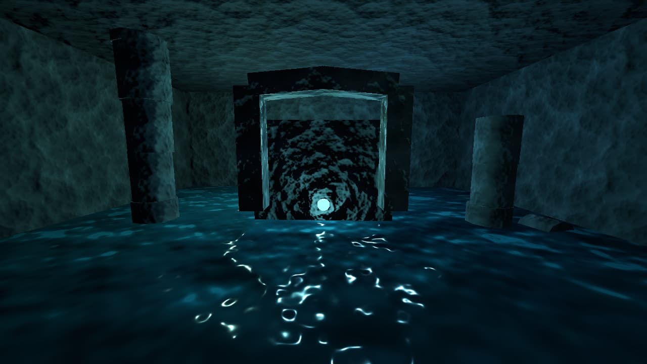 A flooded shrine you swim through, a single blue light glowing under the low roof