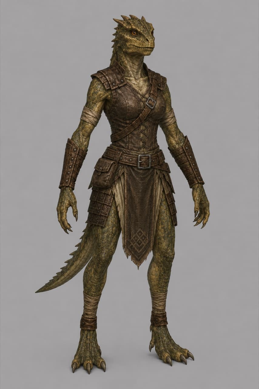 A Hessk woman — olive-scaled reptilian with a crest and long tail, in a cross-laced leather jerkin and bracers