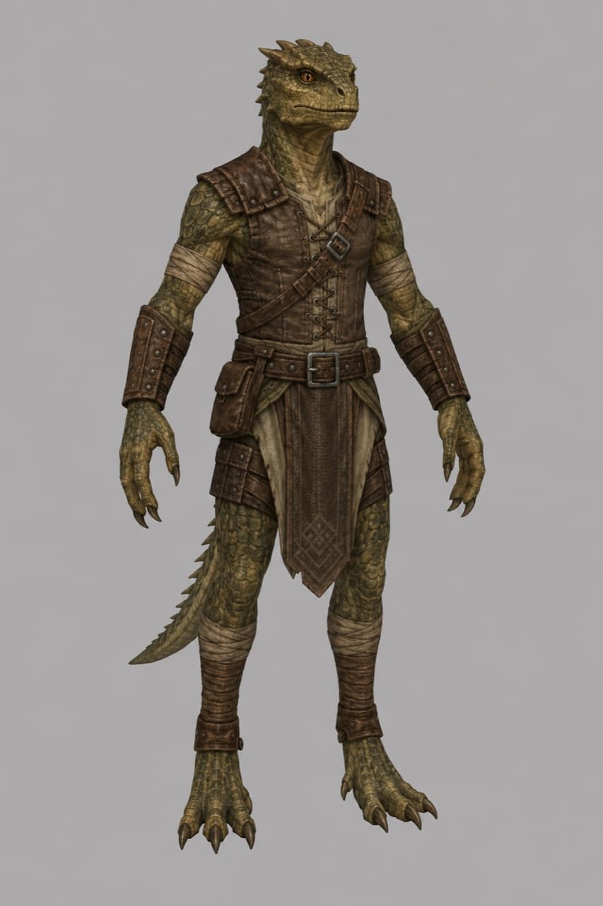 A Hessk man — green-scaled reptilian build with a crest and long tail, in a laced leather jerkin and bracers