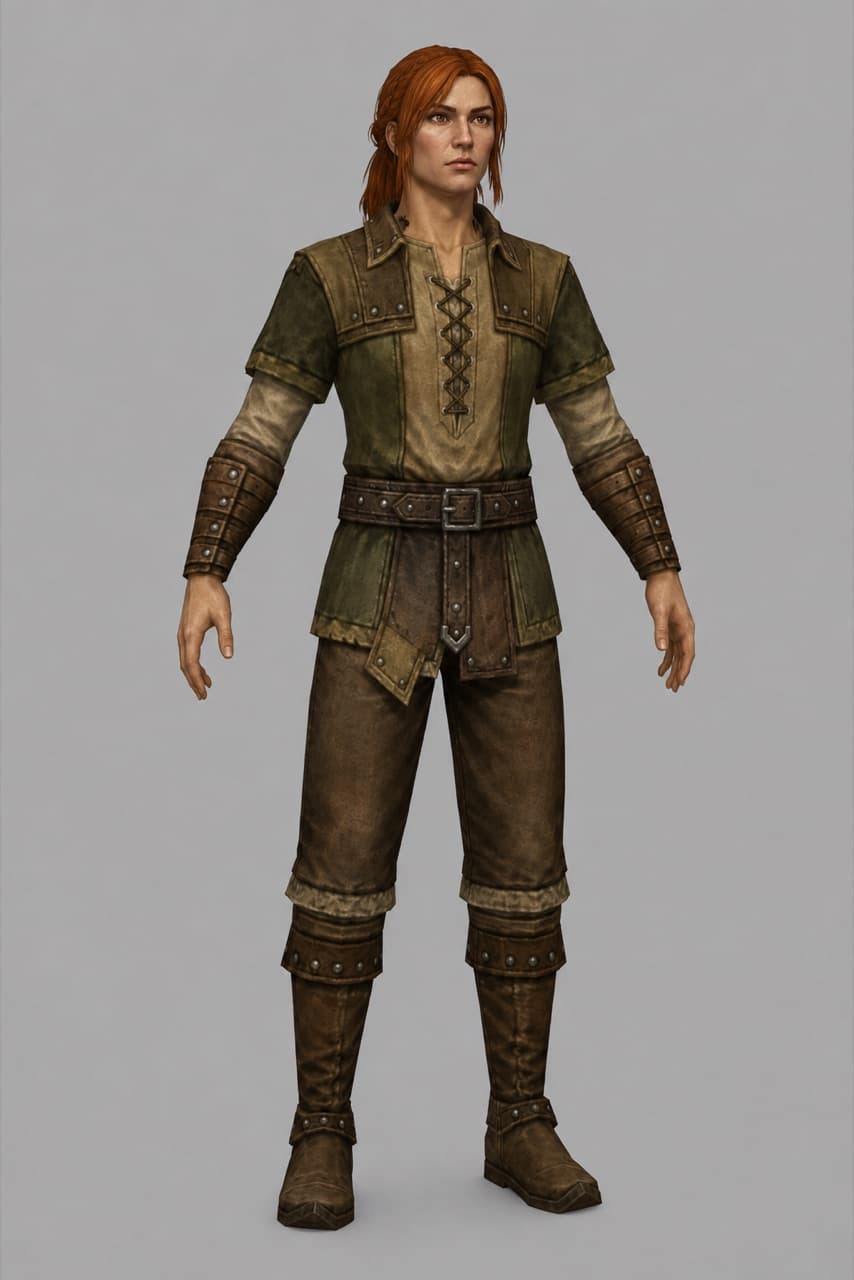 A human woman — red hair tied back, in a laced green tunic with leather bracers and travel boots