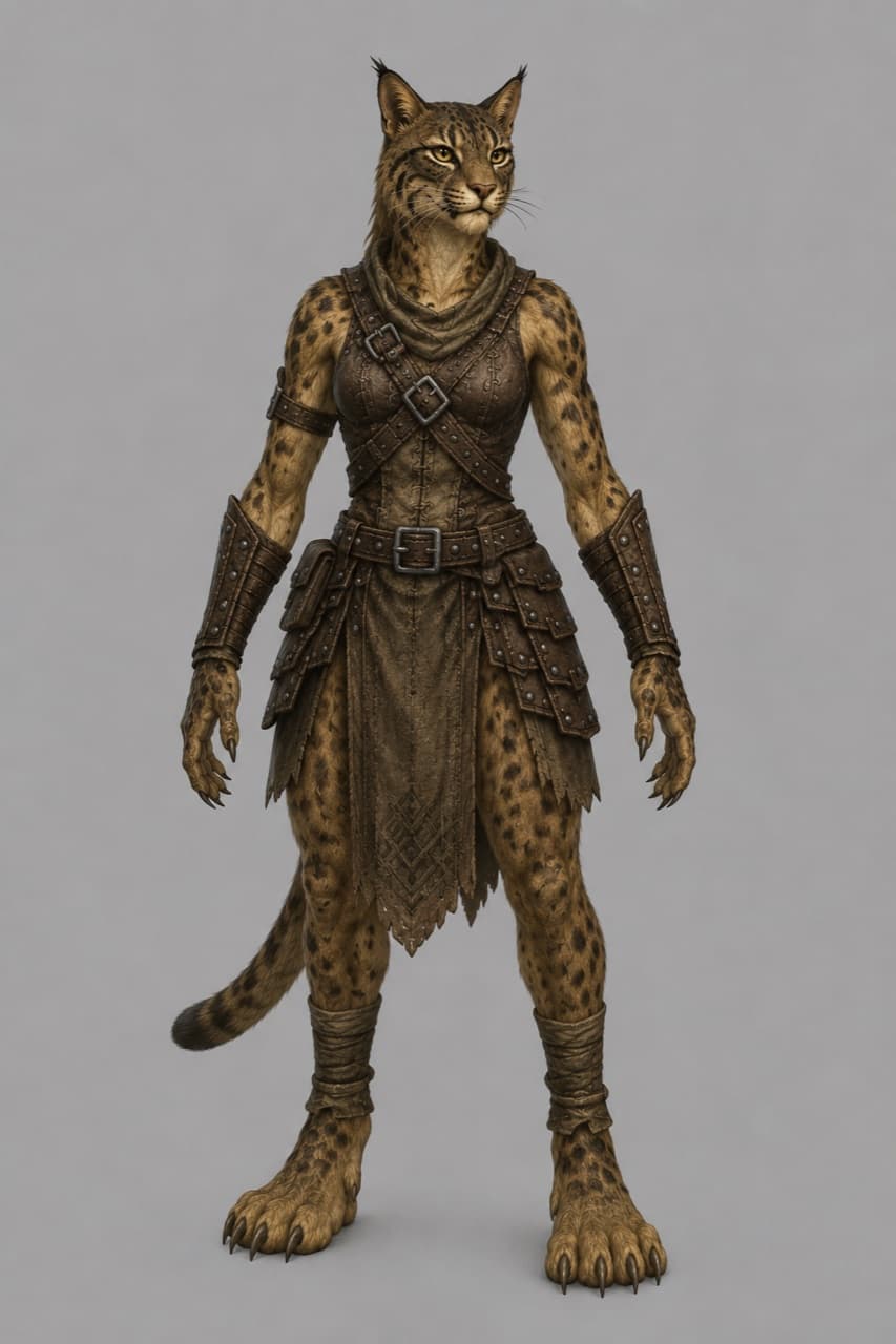A Reshi woman — spotted tawny fur, feline face and tufted ears, a long tail, in studded leather harness and skirt