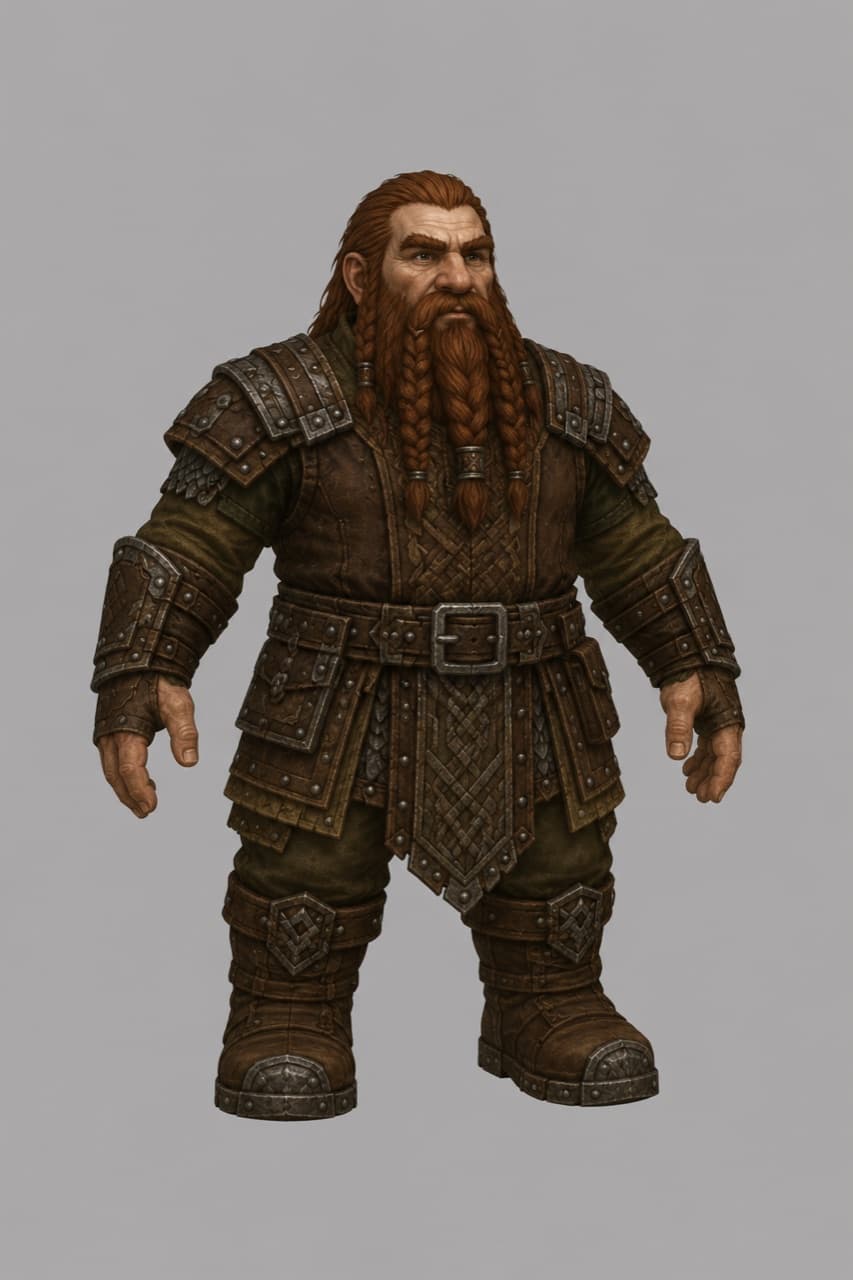 A Stoneborn man — short and broad, long braided red beard, in riveted leather-and-iron armor