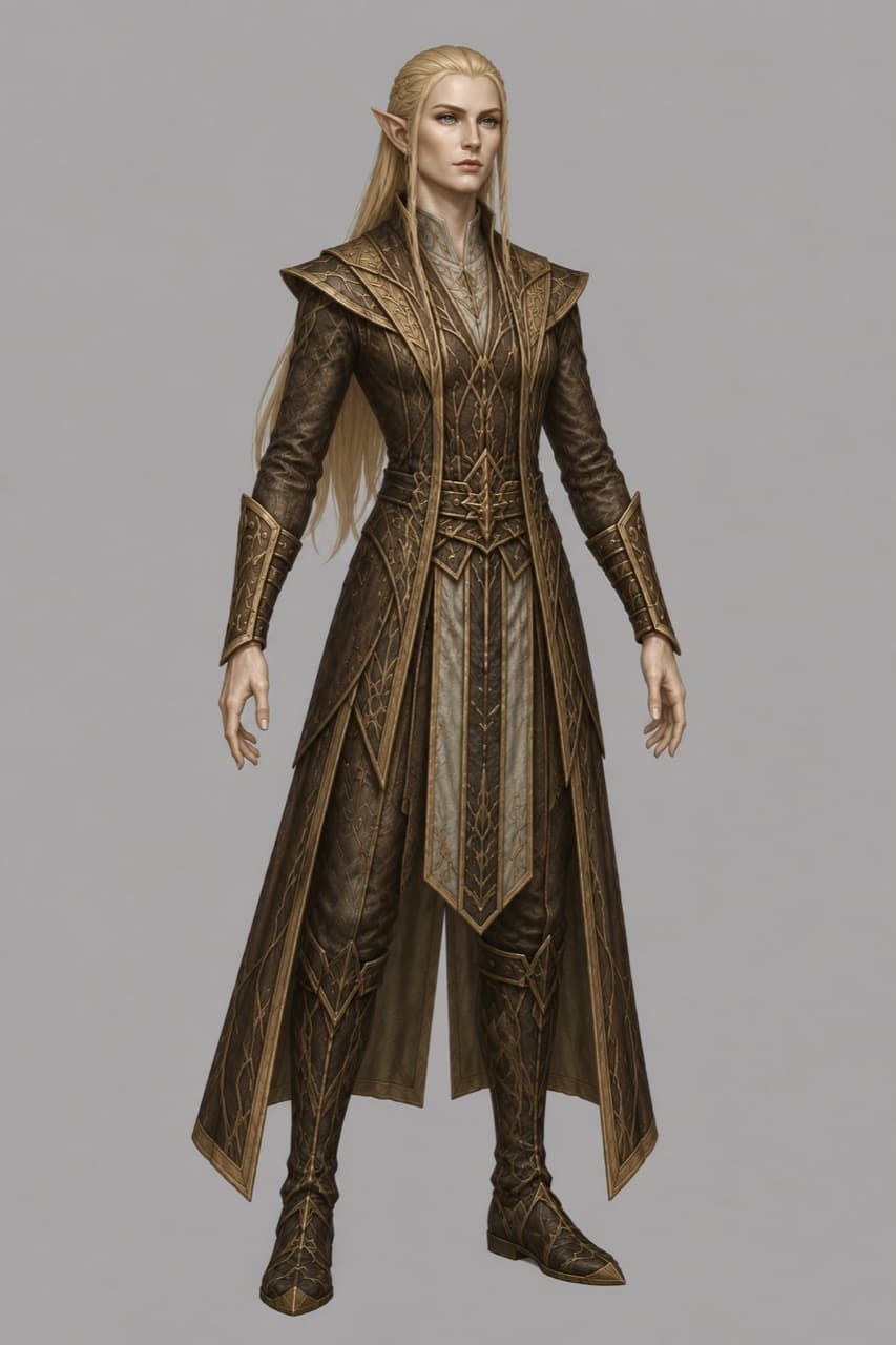 A Vyr woman — tall and pale with long blonde hair and pointed ears, in an elegant gold-embroidered brown robe