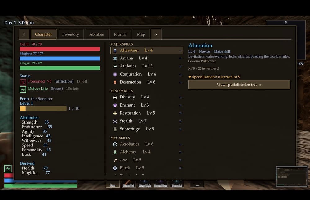 The character sheet showing vitals, attributes, major/minor/misc skills and a specialization tree