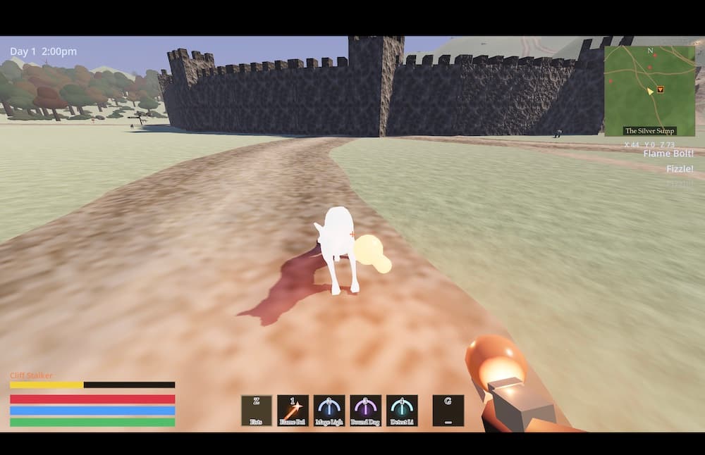 First-person combat — a spell fizzles on an animal, the HUD showing the skillbar and a threat-tinted enemy health bar