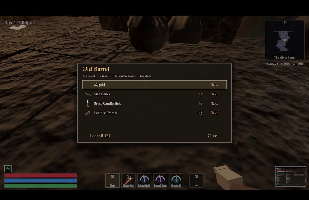 A loot panel for an old barrel listing gold, fish bones, a candlestick and bracers