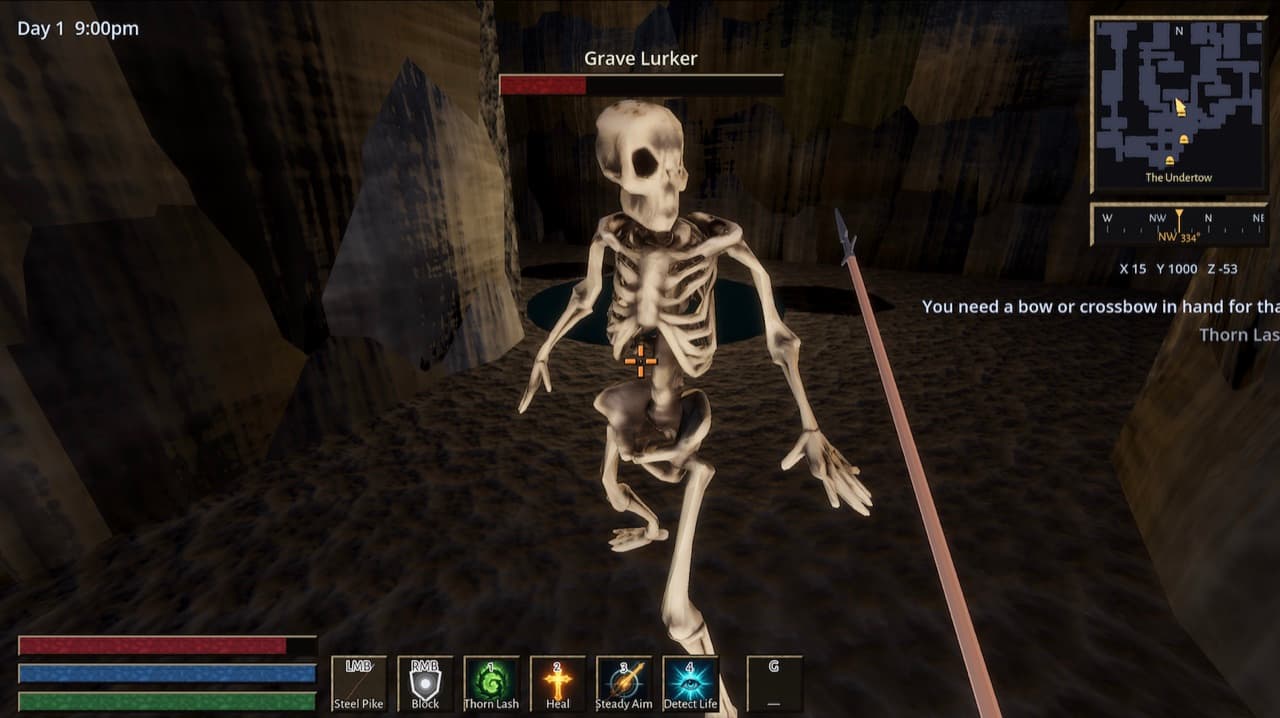 First-person spear fight against a Grave Lurker skeleton deep in a torch-dark cave, the HUD showing the enemy health bar and skillbar