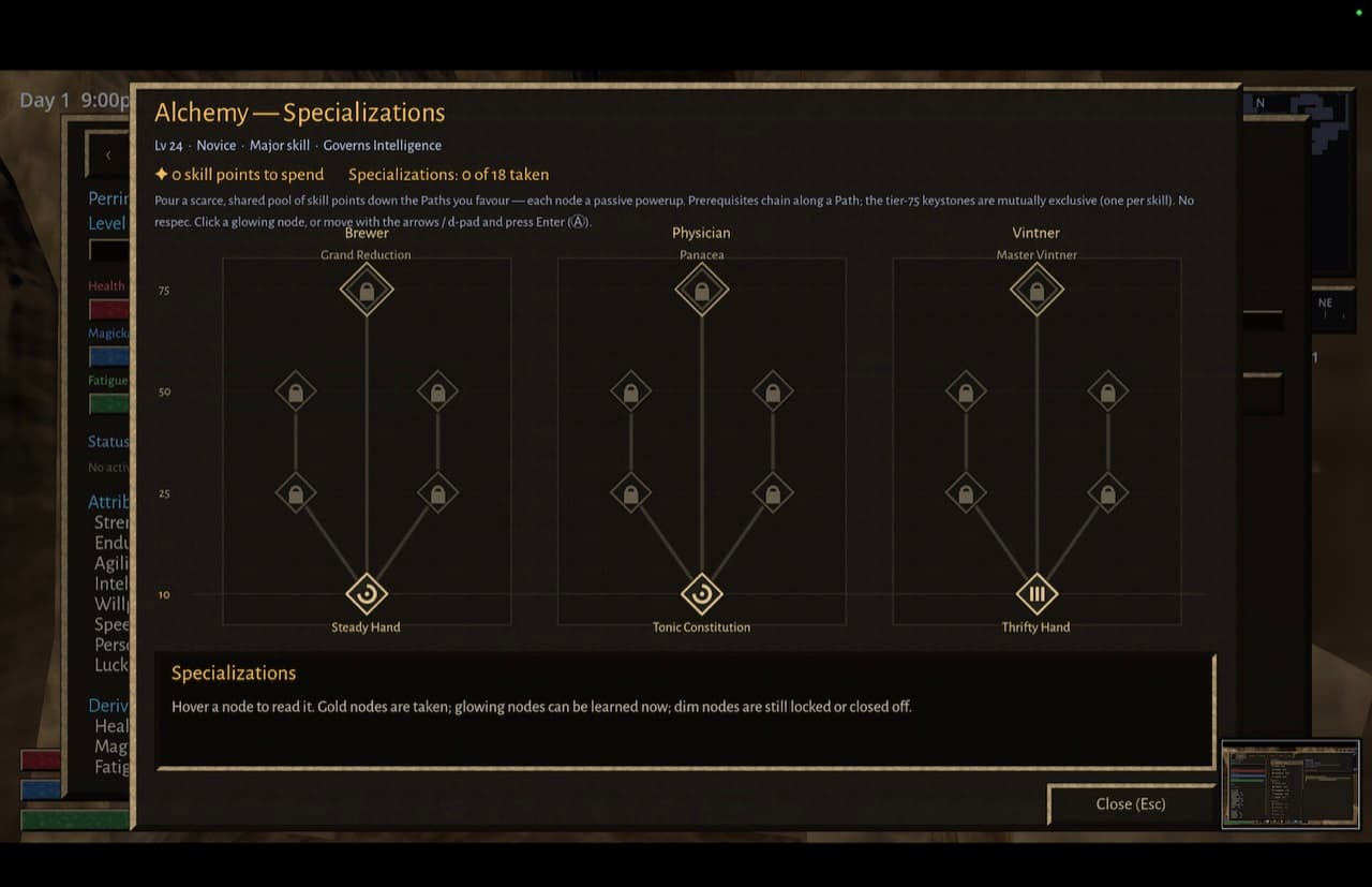 The Alchemy specialization screen — three skill paths (Brewer, Physician, Vintner) as vertical trees of diamond nodes up to a mutually-exclusive tier-75 keystone
