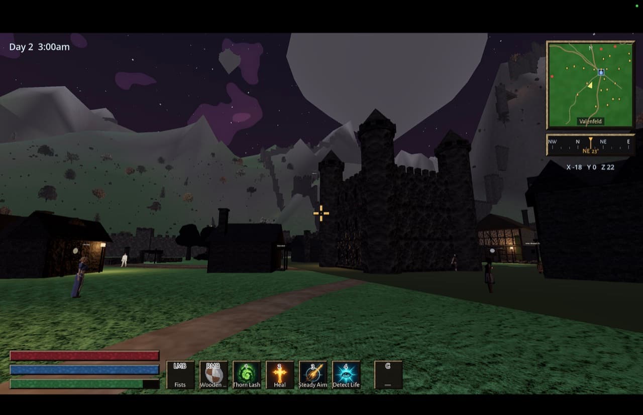 The town of Valenfeld at night beneath a vast pale moon — a dark keep at its heart, lamplit houses and townsfolk on the green below the mountains